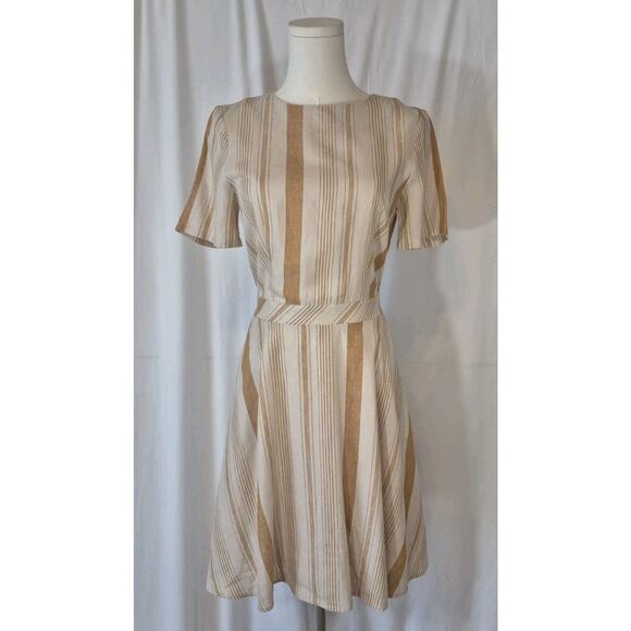 New Anthropologie A Loves A Linen Blend Striped Gold Cream Fit & Flare Dress XS - Picture 3 of 10